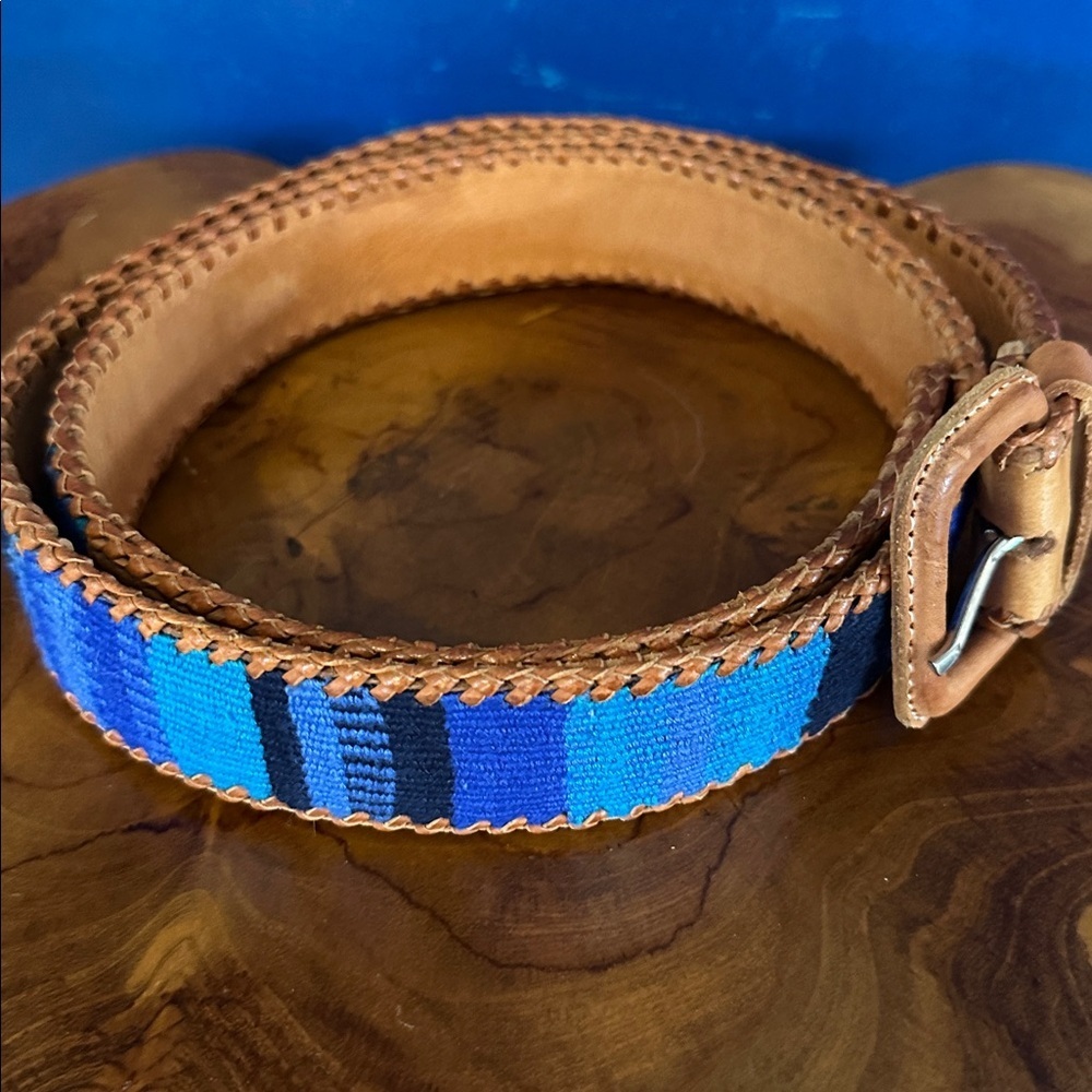 Women’s Handmade Leather Blue & Black Woven Belt Size 36